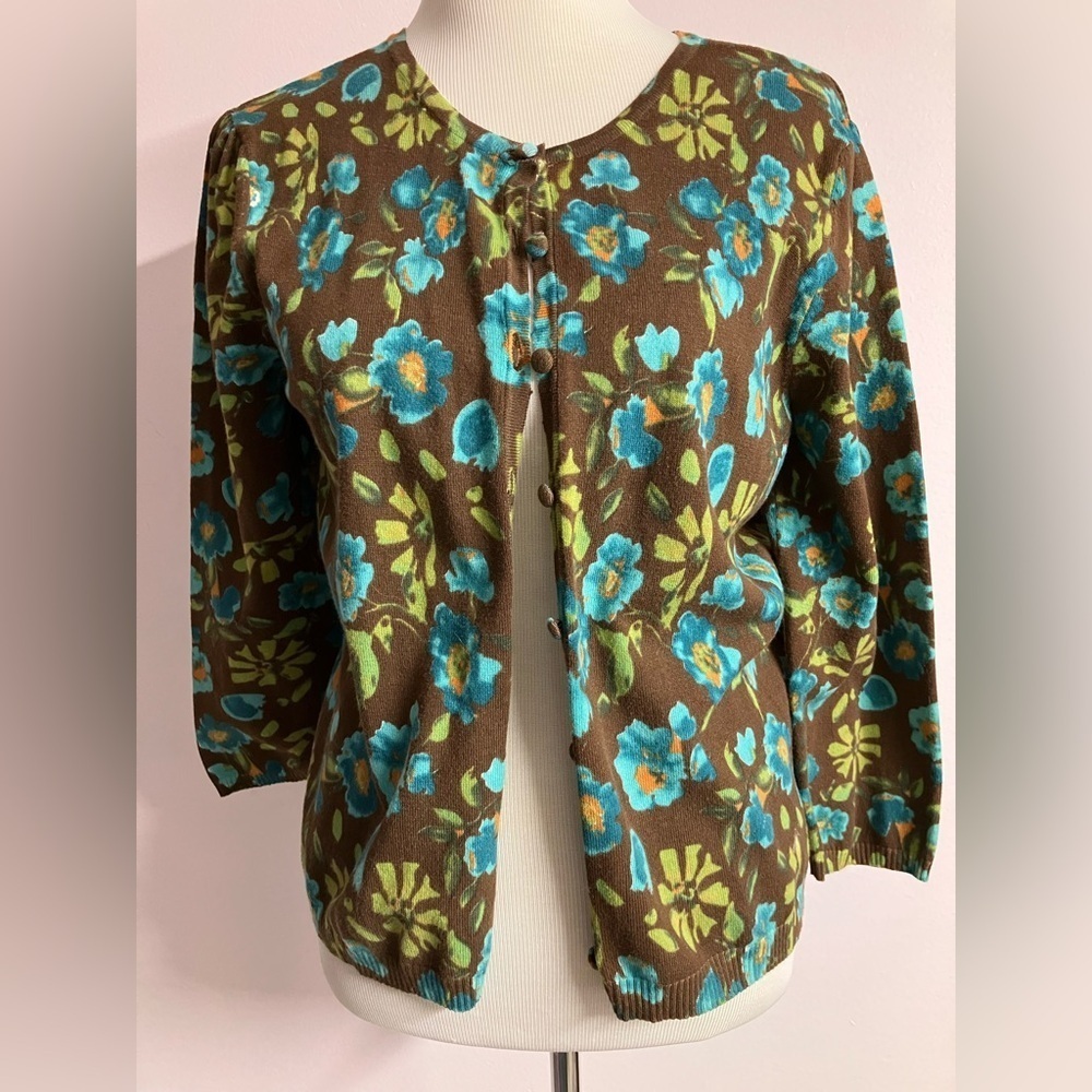 Elementz Women’s Button Front Sweater, L, Brown/Green/Blue, Floral, Grannycore